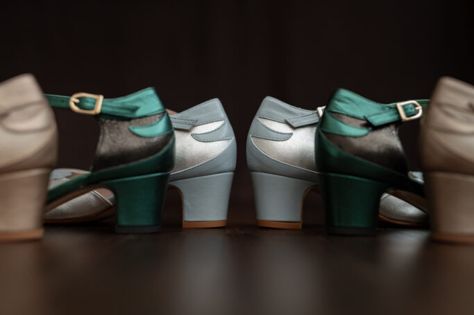 EDEN Polar, silver and light blue vintage style heels, ankle strap, padded footbed, leather sole, low, sturdy heel