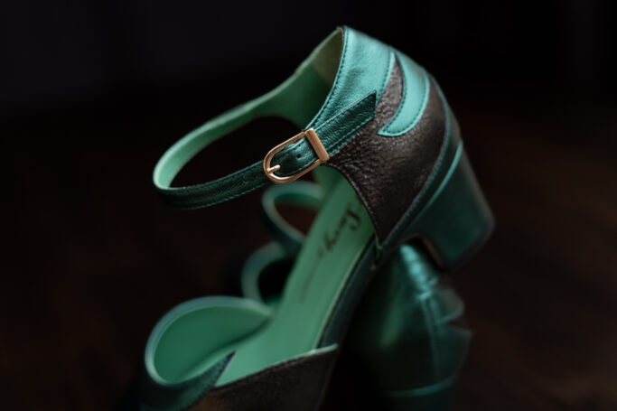 EDEN Jungle, Black and green vintage style heels, ankle strap, padded footbed, leather sole, low, sturdy heel