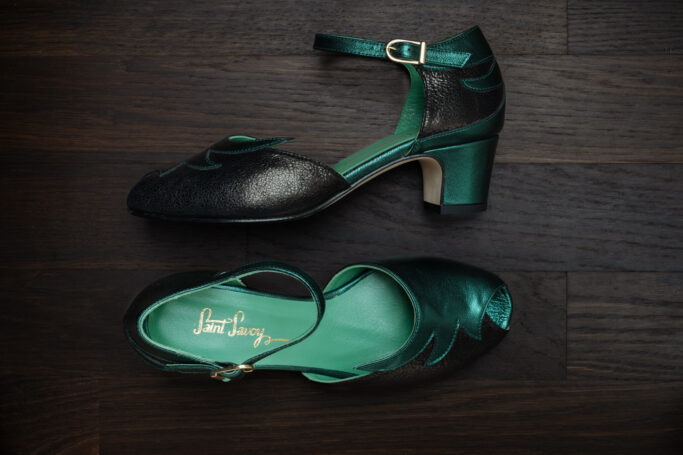 EDEN Jungle, Black and green vintage style heels, ankle strap, padded footbed, leather sole, low, sturdy heel