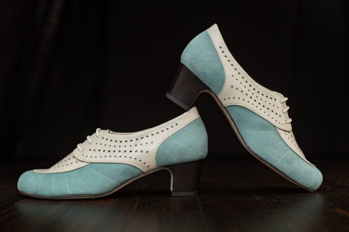 MODEL 7 Seafood, pistachio, pastel green, teal, turquoise, blue suede and cream leather. Full leather sole and upper