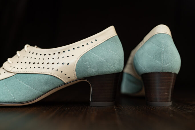 MODEL 7 Seafood, pistachio, pastel green, teal, turquoise, blue suede and cream leather. Full leather sole and upper