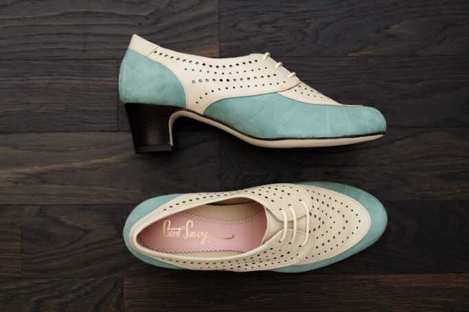 MODEL 7 Seafood, pistachio, pastel green, teal, turquoise, blue suede and cream leather. Full leather sole and upper