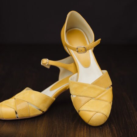 Tonic Mustard. yellow leather high heel shoe with soft footbed comfortable fit