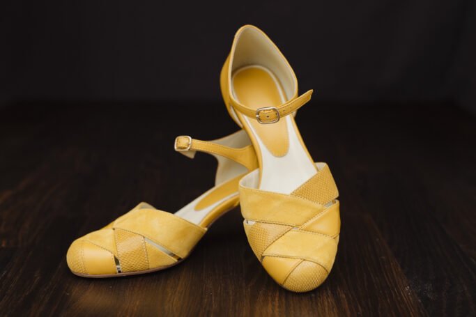 Tonic Mustard. yellow leather high heel shoe with soft footbed comfortable fit