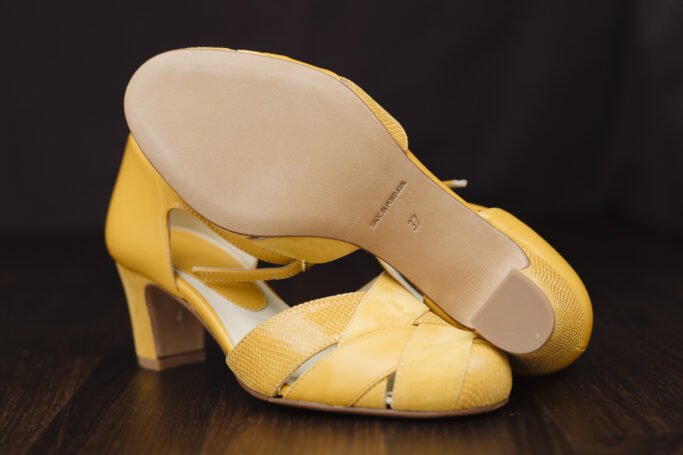 Tonic Mustard. yellow leather high heel shoe with soft footbed comfortable fit
