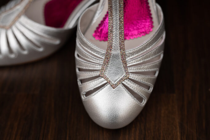 Riviera High Boralis, handmade leather shoe silver glitter