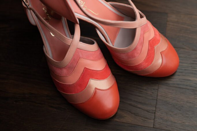 Pink, Red, Gold, Peach, Coral, vintage style shoes for dancing, wedding, stage, Ethical Production