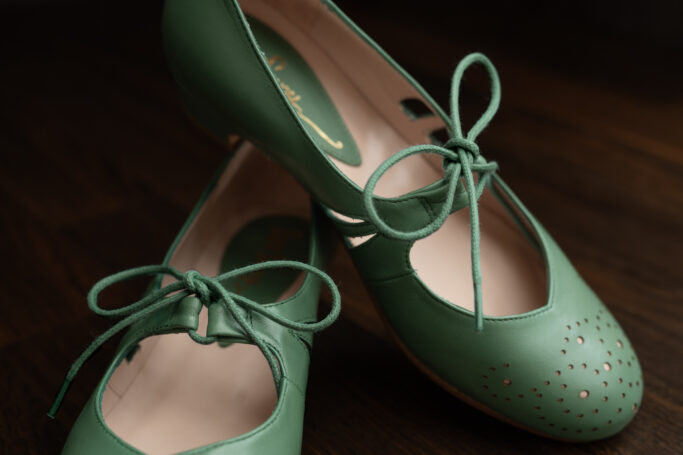 green vintage shoes, dance shoes, comfortable heels, 2cm heel hight, leather ethical production