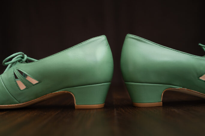 green vintage shoes, dance shoes, comfortable heels, 2cm heel hight, leather ethical production