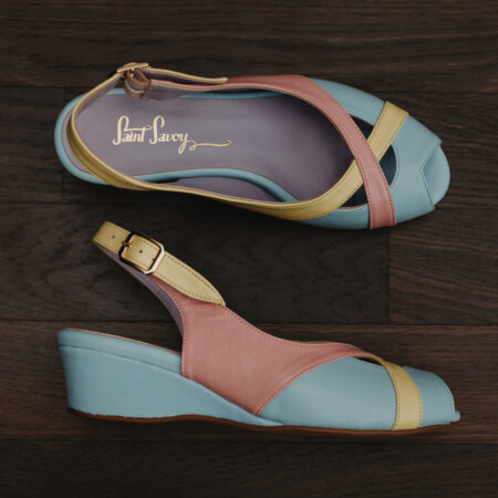 Wedges shoes, pastel colors pink, yellow , light blue, leather shoes, vintage style, retro shoes