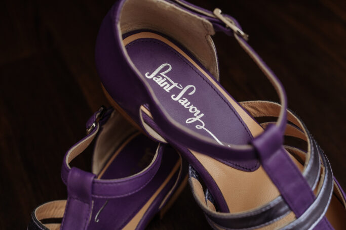 Purple leather shoe, metallic straps, leather sole, leather heel, soft leather upper
