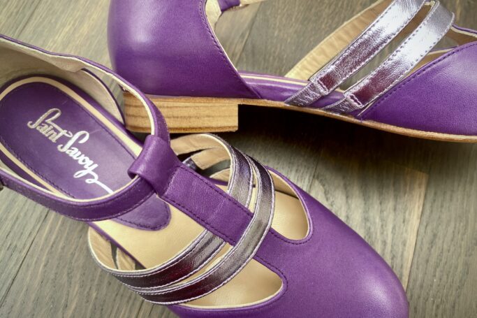 Purple leather shoe, metallic straps, leather sole, leather heel, soft leather upper