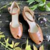 Leather ladies shoes, made in Europe, comfortable fit, wide heel, padded footbed Brown and brass gold metallic womens shoes, mid heel, retro style