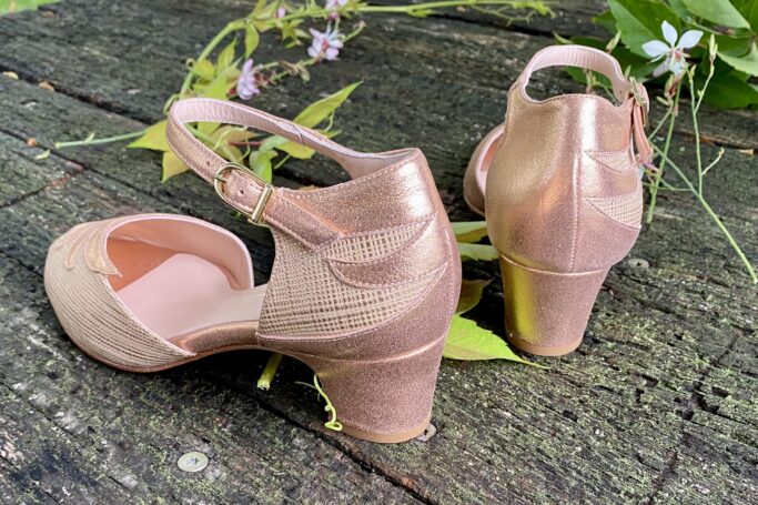 Pink metallic and beige womens shoes, mid heel, retro style EDEN ROSE shoes, vintage style shoes, dance shoes